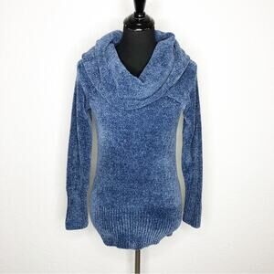 WHBM blue velour chenille knit cowl neck off shoulder sweater size Small NWT